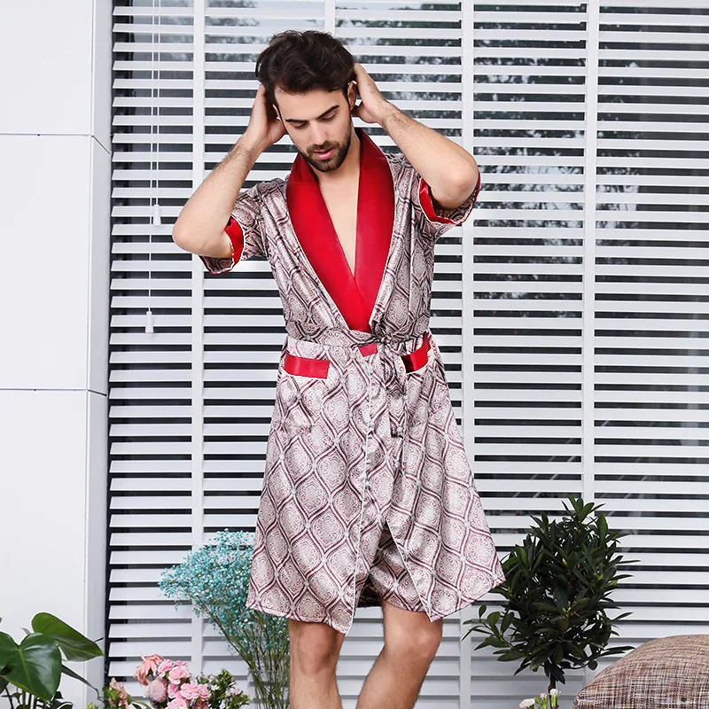 Bathro Robe for Men Robe Short Sleeve Sleepwear Imitate Silk Robe for Men Mens Kimono Robe Sets Long Silky Gown House Sleep Tops