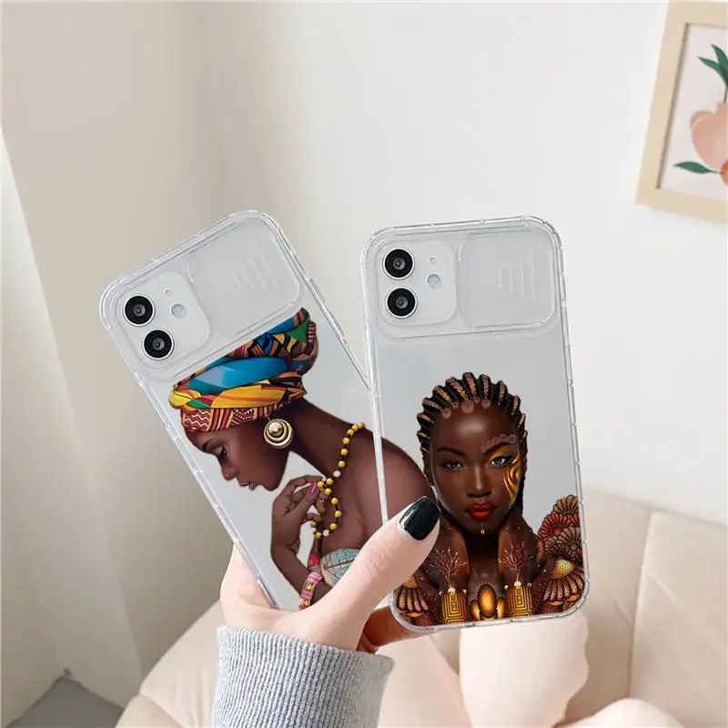 

Art African Girl Phone Case transparent For iPhone 7 8 11 12 X XS XR MINI Pro Max Plus Slide Camera Lens Protect