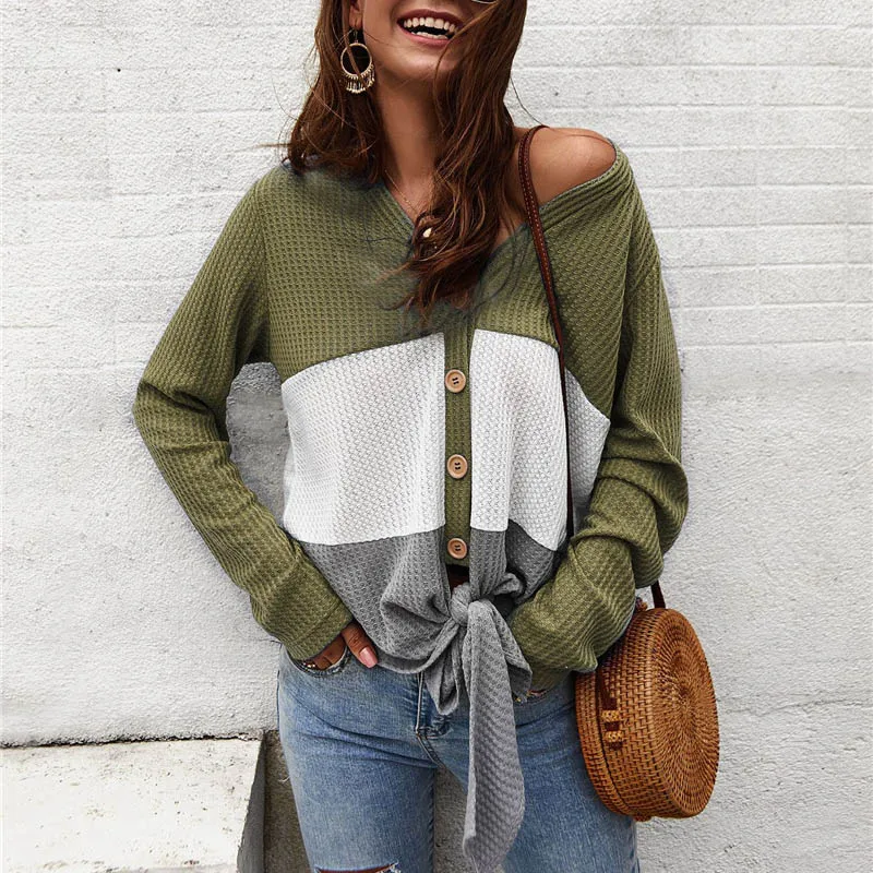 Женская блузка с длинным рукавом Элегантная трикотажная рубашка в стиле пэчворк