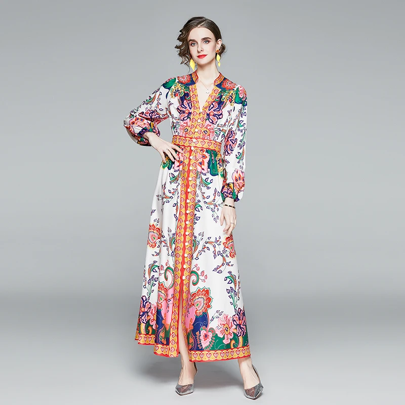 

Autumn Runway V-Neck Lantern Sleeve Maxi Dress Women Elegant Button Split Long Dress Female Floral Print Party Dress With Belt