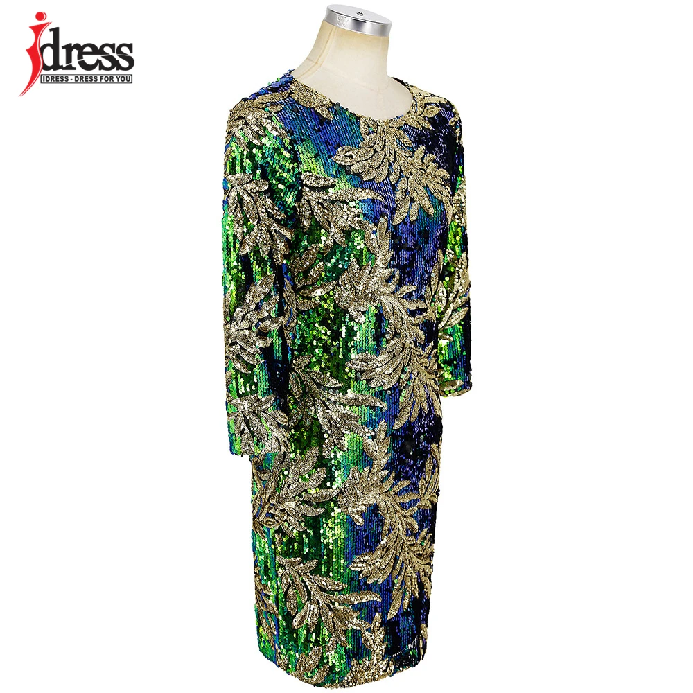 IDress/Модная одежда; ; облегающее платье до колена с длинными рукавами и круглым вырезом; вечерние Клубные платья с пайетками в стиле пэчворк с зелеными листьями