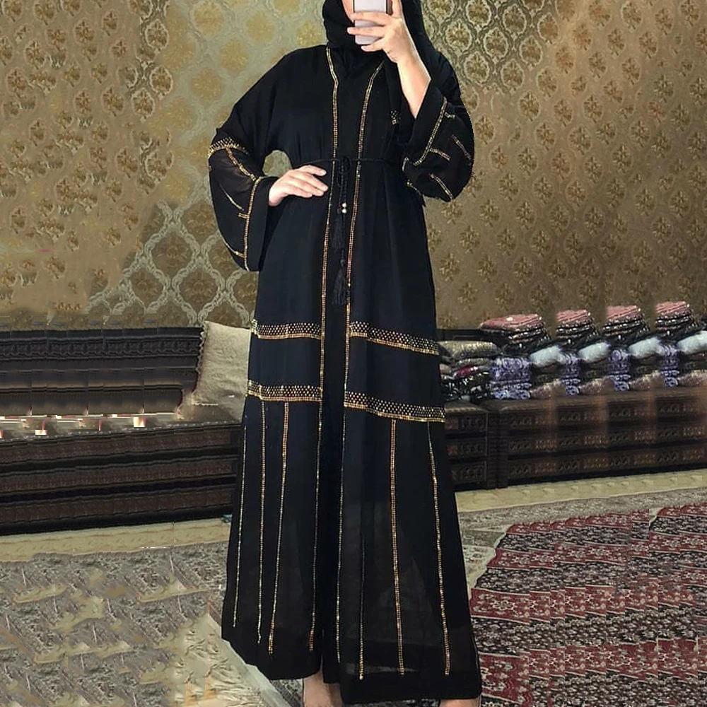 

MD Black Abaya Дубай, Турция мусульманское хиджаб-платье 2021 Caftan Marocain Arabic Исламская одежда кимоно женское Musulmane Djellaba S9017