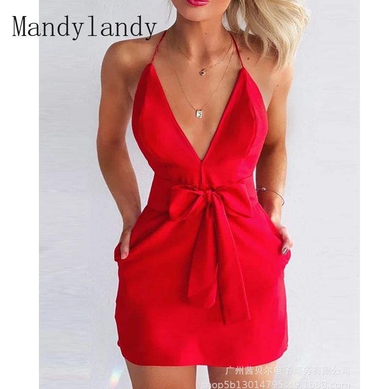 

Mandylandy Red Club Wear Women Dress High Waist Deep V Strap Backless Sexy Dresses Solid Color High Waist Mini Sheath Dress