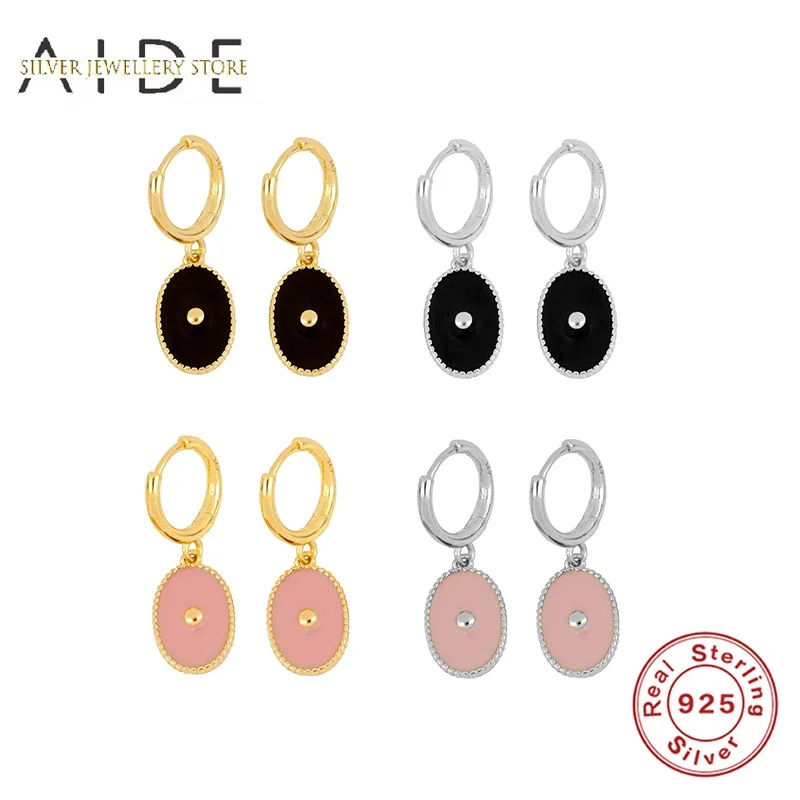 

AIDE 925 Sterling Silver Oval Pendientes Hoop Earrings For Women Fashion Pink Black Egg Shape Piercing Huggie Earings Jewelry