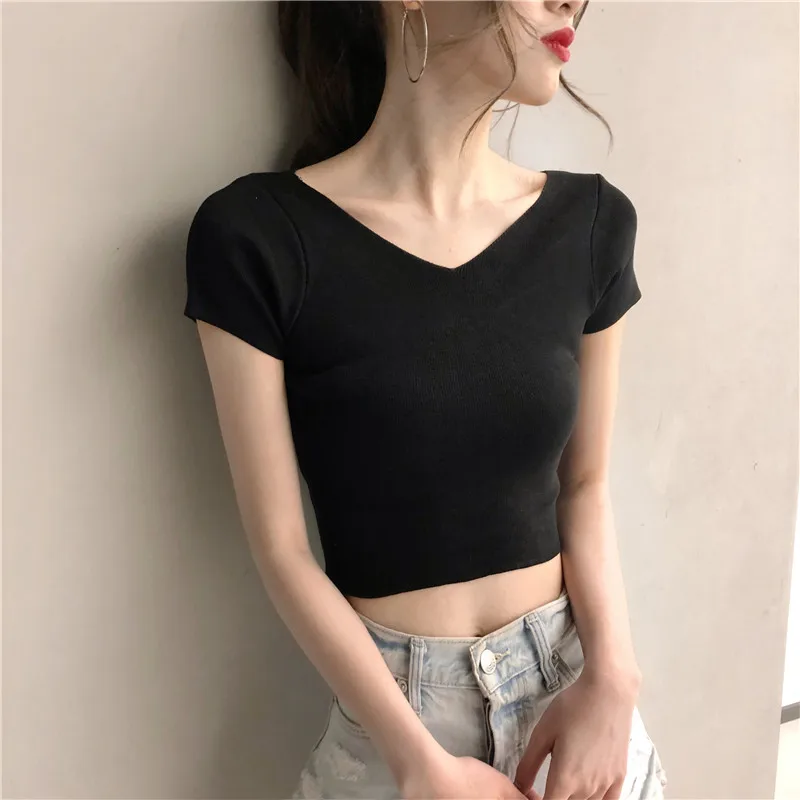 

Black Short-Sleeved T-shirt Women's Summer New Sexy Backless Short Hollow-out Knitted Ice Silk Tight Top