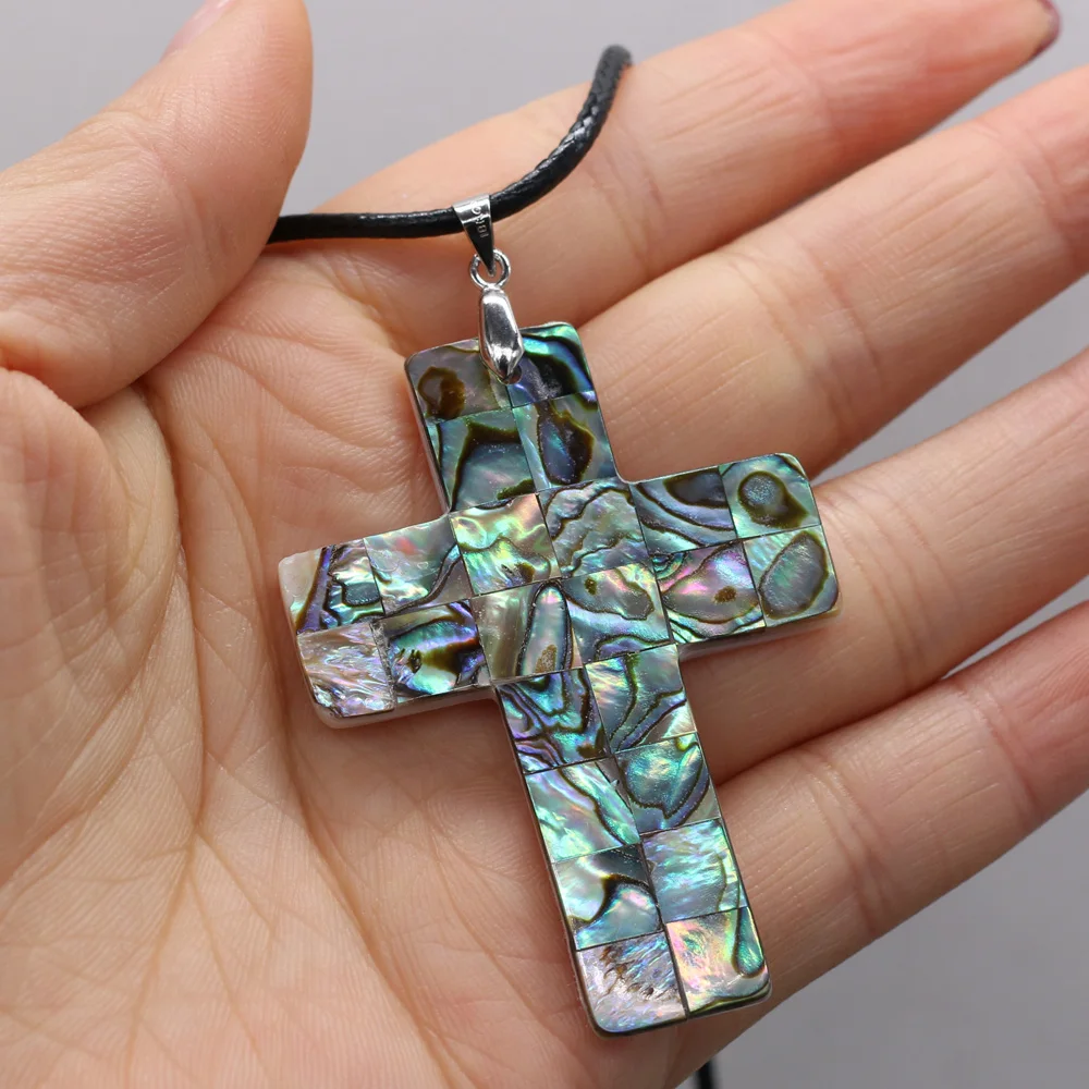 

Natural Shell Necklace With Cross-Shaped Abalone Pendant Leather Cord 2MM Charms For Elegant Women Love Romantic Gift