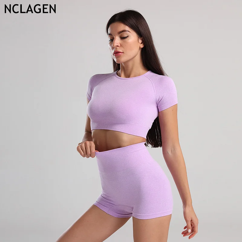 

NCLAGEN Sports Yoga Suit Solid Color Quick Dry Running Suit For Women Gym Workout Push-up Fitness Short sleeve Top Leggings Set