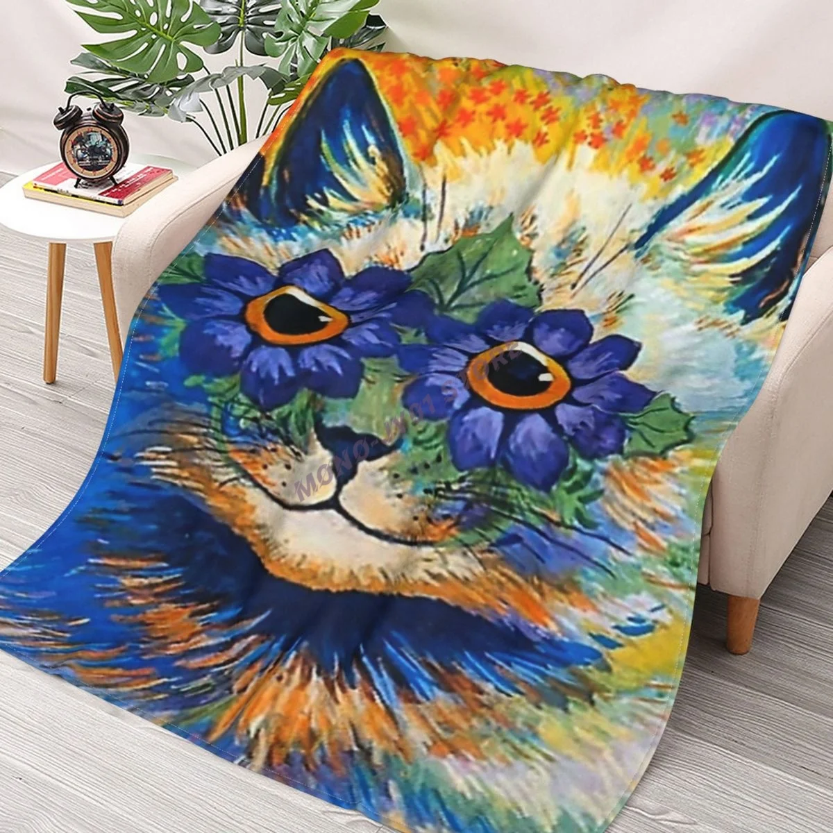 

Cat With Blue Petals By Louis Wain Throw Blanket Sherpa Blanket cover Bedding soft Blankets