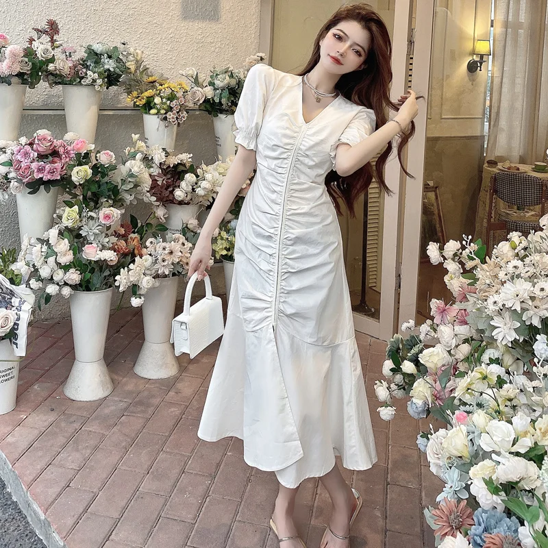 

2021Summer New Design Sense V-neck Pleated Temperament Midi Dress High Waist Slimming Slit Fishtail Dress for Women Ankle-Length