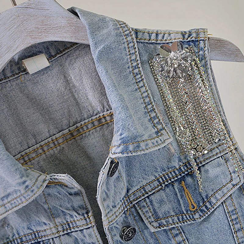 

Spring Autumn Denim Vest Set Diamond Ripped Cropped Jeans Top Vest Two-Piece Women's Sets European Style Denim Sets Women TZ120