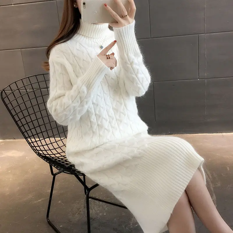 

2021 new women's high collar, long thick sweater, women's sweater skirt, women's over-the-knee student pullover