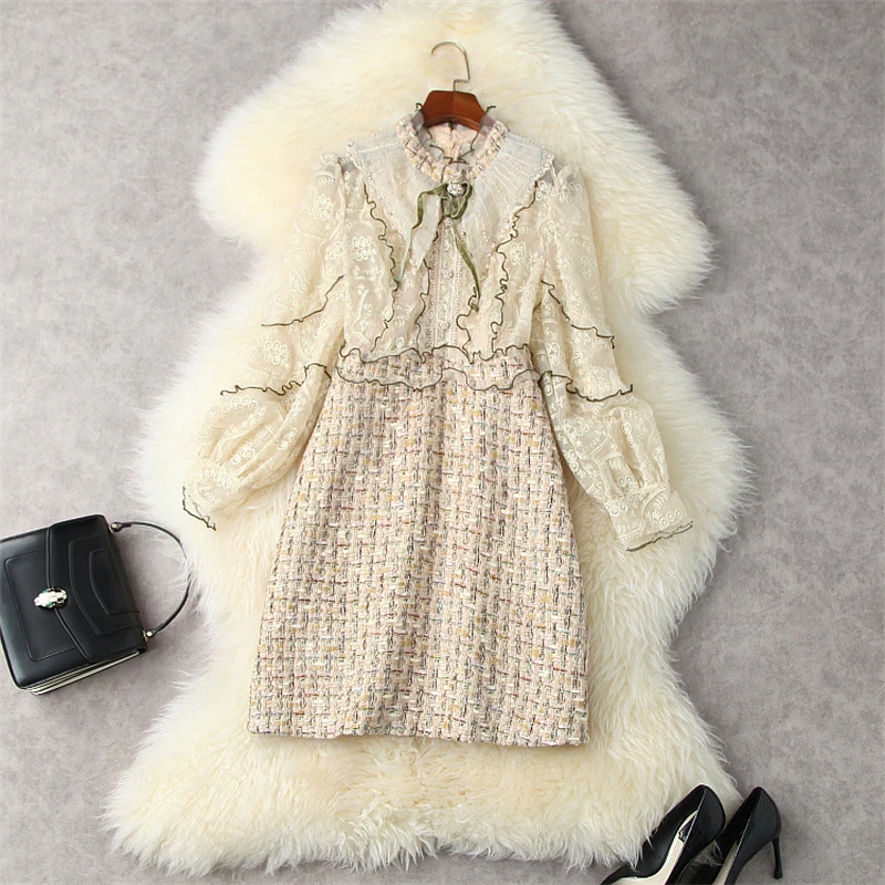 

Женское твидовое платье, с вышивкой и оборками, на осень/зиму