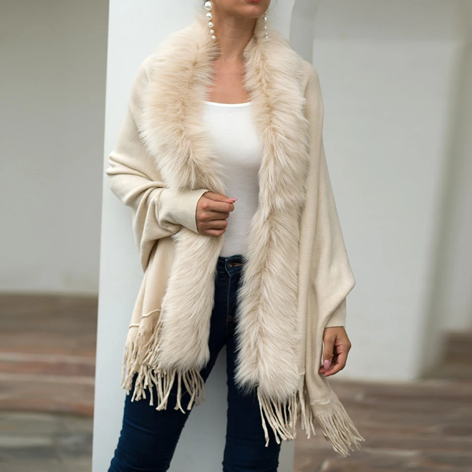 

Woll+Acrylic Cardigan for Women Shawl Fur Collar Cloak Solid Cardigans Winter Tassel Knitted Sweater Coat for Women's Outerwear