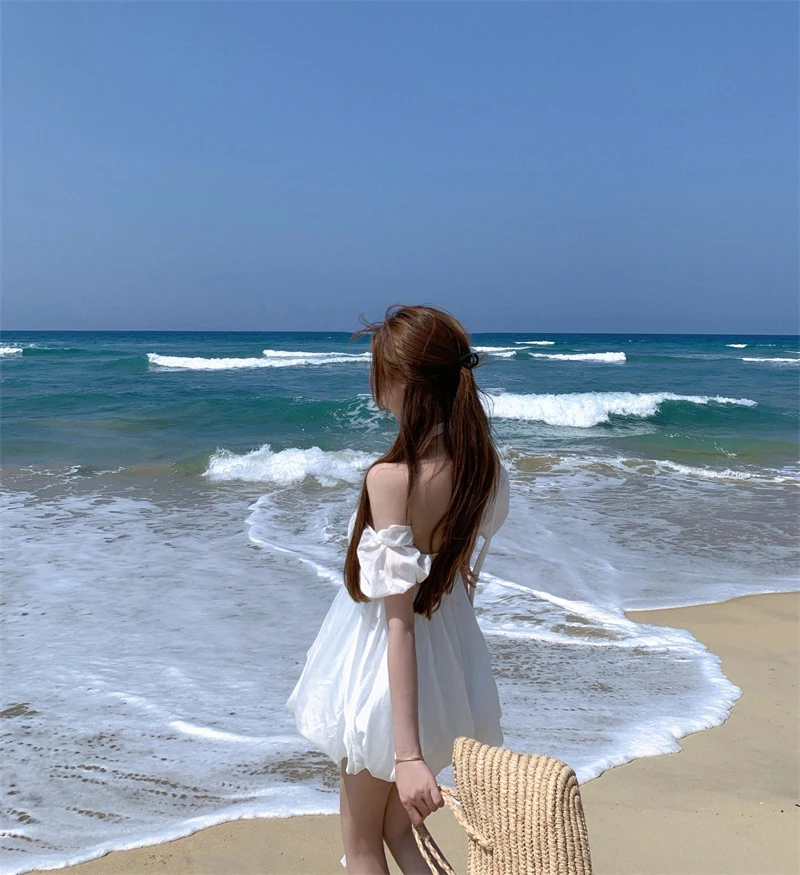 

Women Vintage Short Puff Sleeve White Mini Dress Off Shoulder Retro Classic Slim Bubble Dresses 2021 Summer Beach Party Vestidos