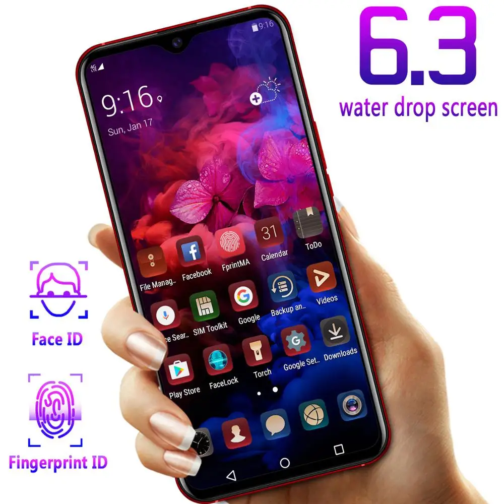 Роскошный смартфон на android 6,3 дюймов, экран в виде капли воды, отпечаток пальца, лицо, ID, сотовый телефон, кожа, текстура D, Bluetooth, 3,5 мм, разъем для уха