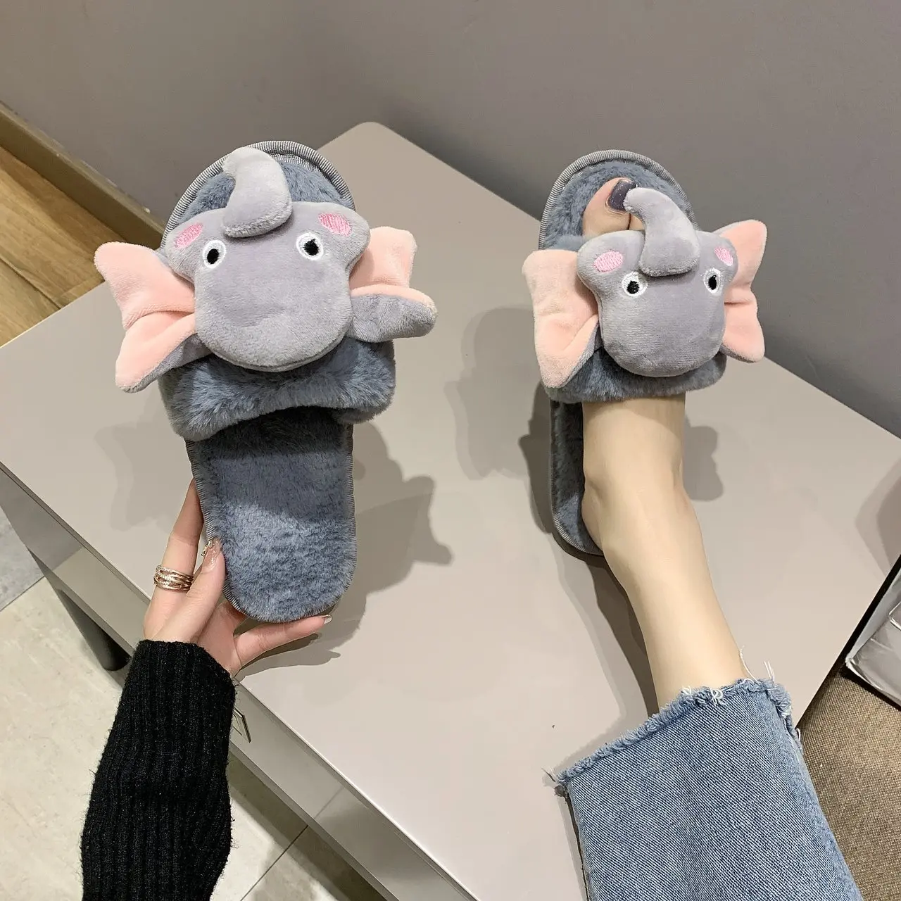 Indoor Winter Women Fur Slippers Cute Cartoon Animal Elephant Funny Girls Furry Slipeprs Bedroom Flats Ladies Shoes | Обувь