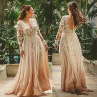 elegant champagne v neck boho mothers dresses a line full sleeves long wedding party gown sexy backless mother of bride dress