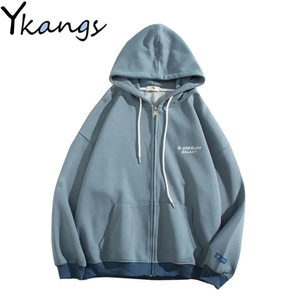 

Простой Универсальный кардиган на молнии в стиле Харадзюку, свободная однотонная Толстовка большого размера с капюшоном для пары, Корейска...