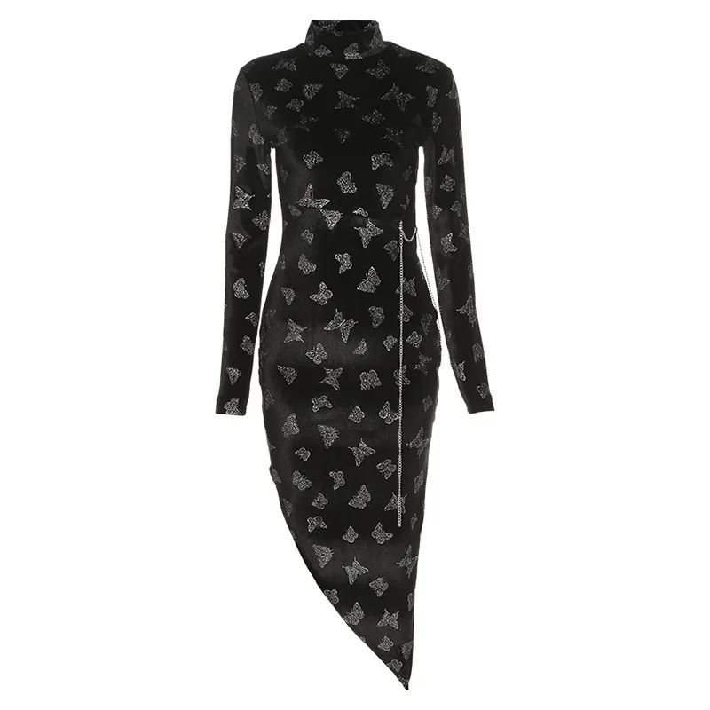 

2020 Spring And Autumn New y2k Women's Sexy Party Slim Butterfly Print Velvet Hollow Irregular Women's Dress