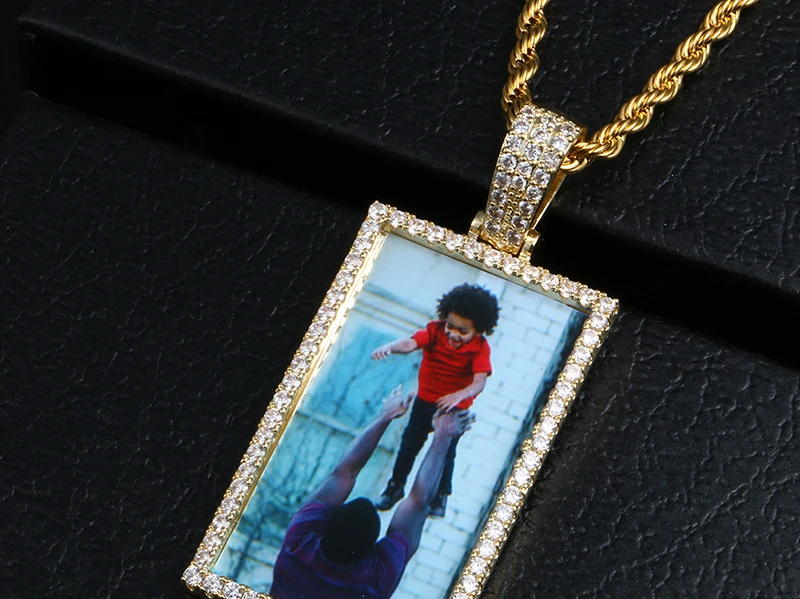 Rectangle Custom Made Photos Medallions Pendant Necklace With AAA Cubic Zircon Rope Cuban Tennis Chain Drop Shipping Gift Box