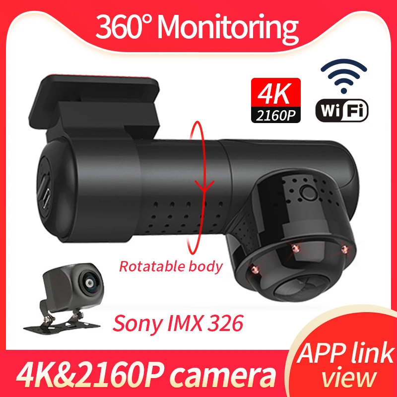 

Car DVR Phone Mobile WiFi Connect Dashcam 4K 2160P HD 360° Panorama Sony IMX326 Dual Lens 24H Parking Monitoring Video Recorder