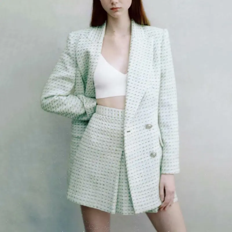 

Костюм с воротником, двубортный, благородный, шикарный женский костюм, новый, модный, клетчатый, облегающий костюм, пиджак