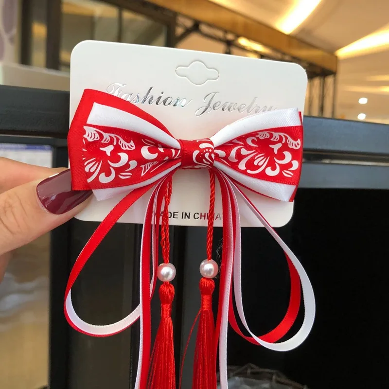 Заколка для волос с кисточками белый и синий зажим в китайском старинном стиле