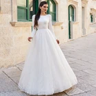 Простое свадебное платье-трапеция с глубоким круглым вырезом, длинными рукавами и открытой спиной, блестящее Тюлевое платье, модель 2021 года