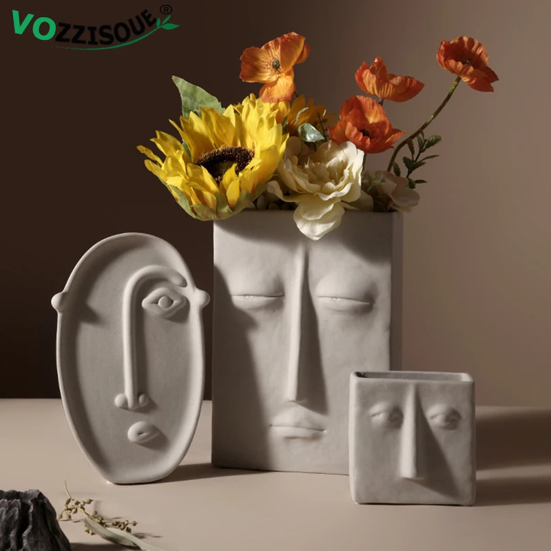 

Modern Nordic Style Abstract Portrait Face Vase Human Head Decorative Ornaments Vase Home Decor Artificial Flowers with Vase