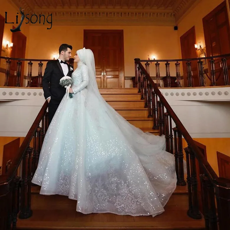 Красивые детские синие кружевные мусульманские свадебные платья с блестками