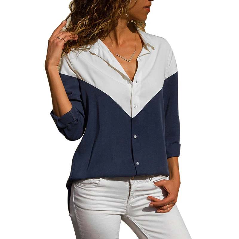 CINESSD Women Chiffon Blouses V Neck Long Sleeves Blue& White Striped Patchwork Button Cardigan Casual Tops Tee Shirts Blouse