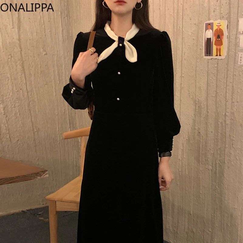 

Платье женское бархатное, с бантом и жемчужной пряжкой, с рукавами-фонариками