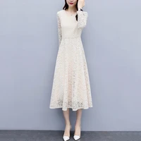 womens summer lace dress mid length fashion hedging mid sleeve ladies solid color o neck bottoming dress female e526