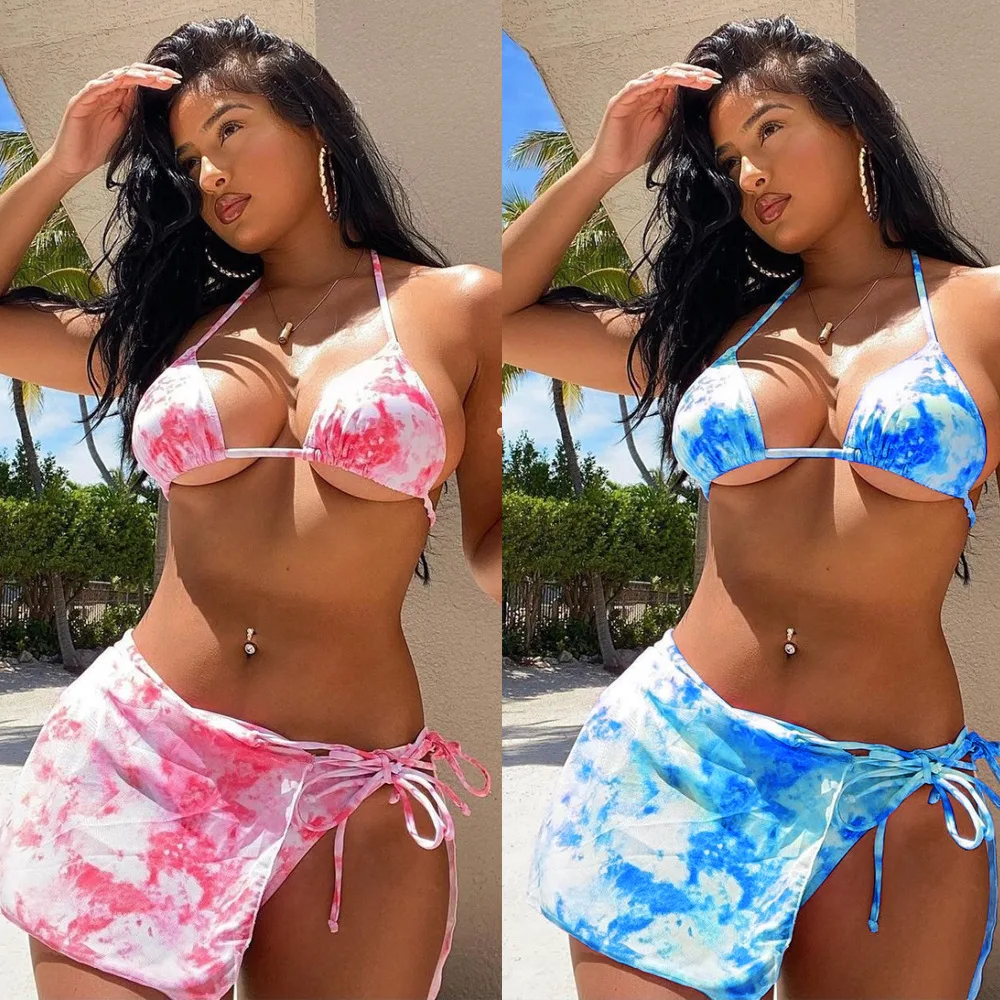 

Mesh Tie Dye 3 Piece Bikini Set Skirts Sexy String Swimsuit Women Swimwear Halter Backless Bathing Suit Sarong Brazilian Bikinis