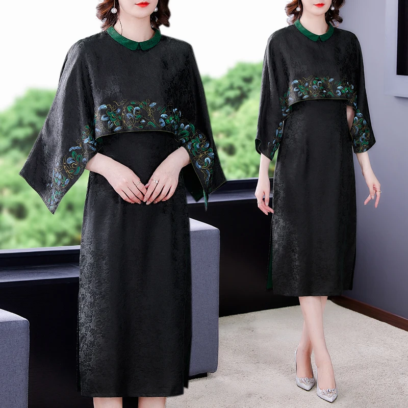 

Spring Vintage Black Mulberry Silk Jacquard Midi Dress 2021 Autumn Casual Elegant Two Piece Dresses Women Slim Party Vestidos