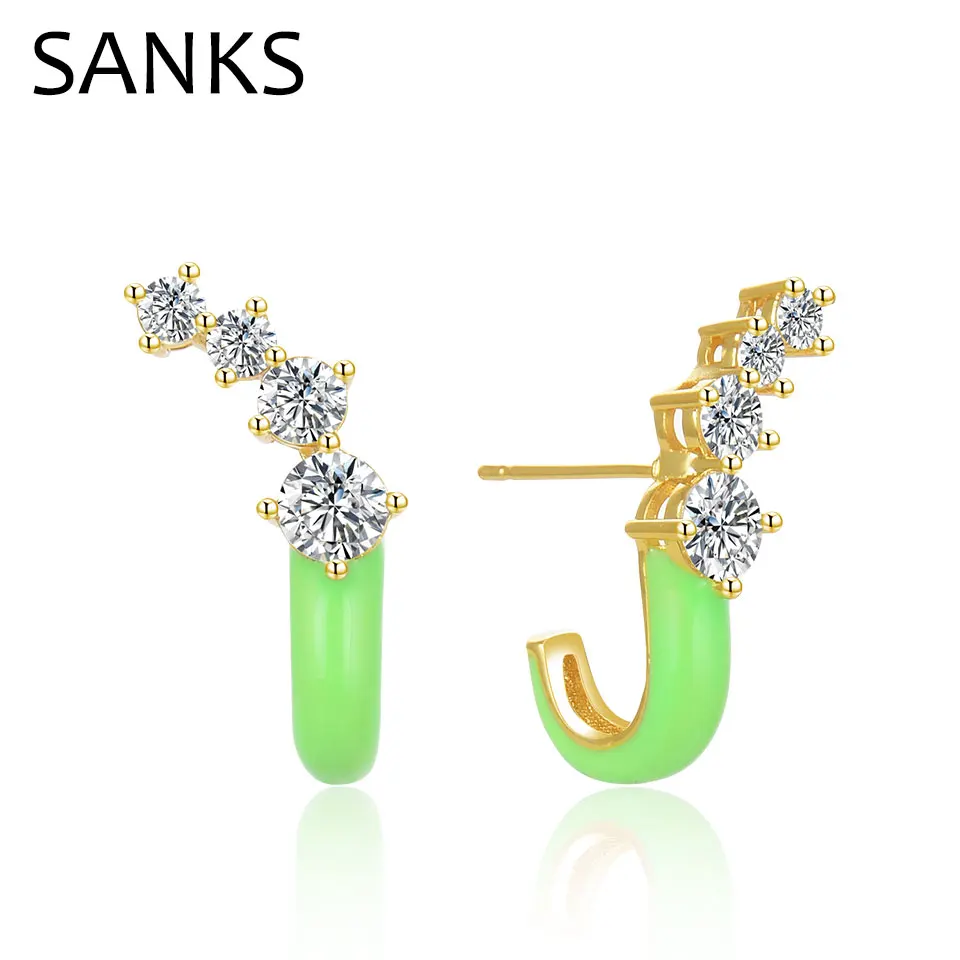 

SANKS Luxury Stud Earrings for Women Christmas Present Green Enamel 18k Yellow Gold Plated Cubic Zircon Earrings Korean Jewelrys
