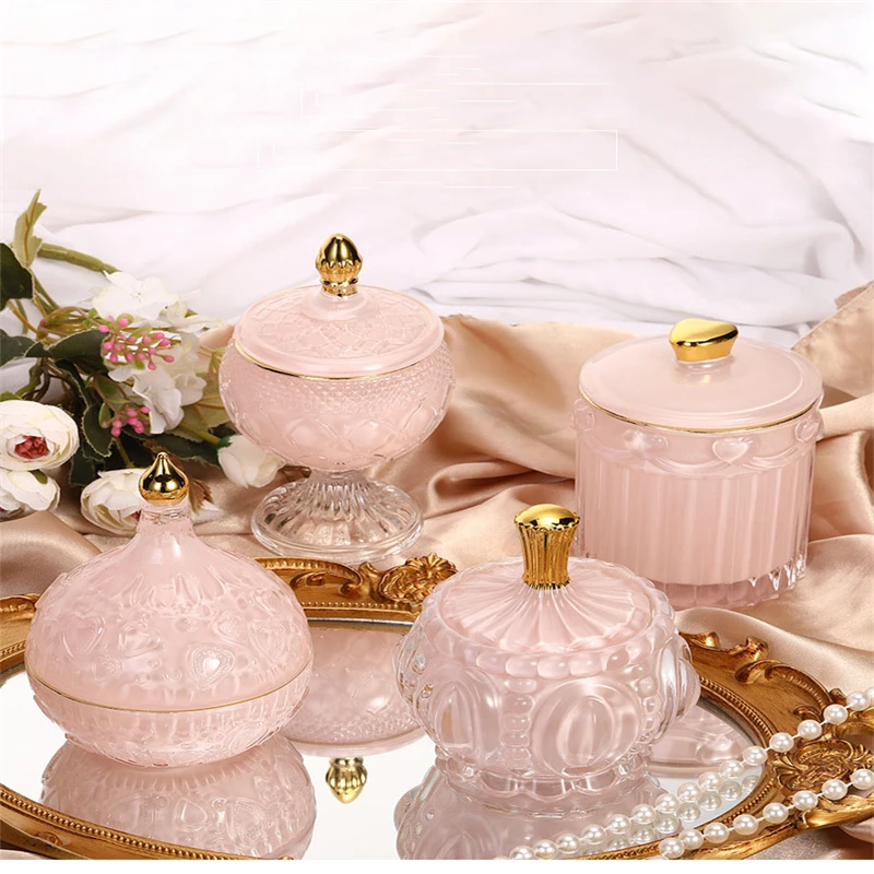 

Pink Crystal Storage Jars Dressing Table Jewelry Dish Household Jewelry Cotton Swab Box Smoke Censer Holder Desktop Decoration