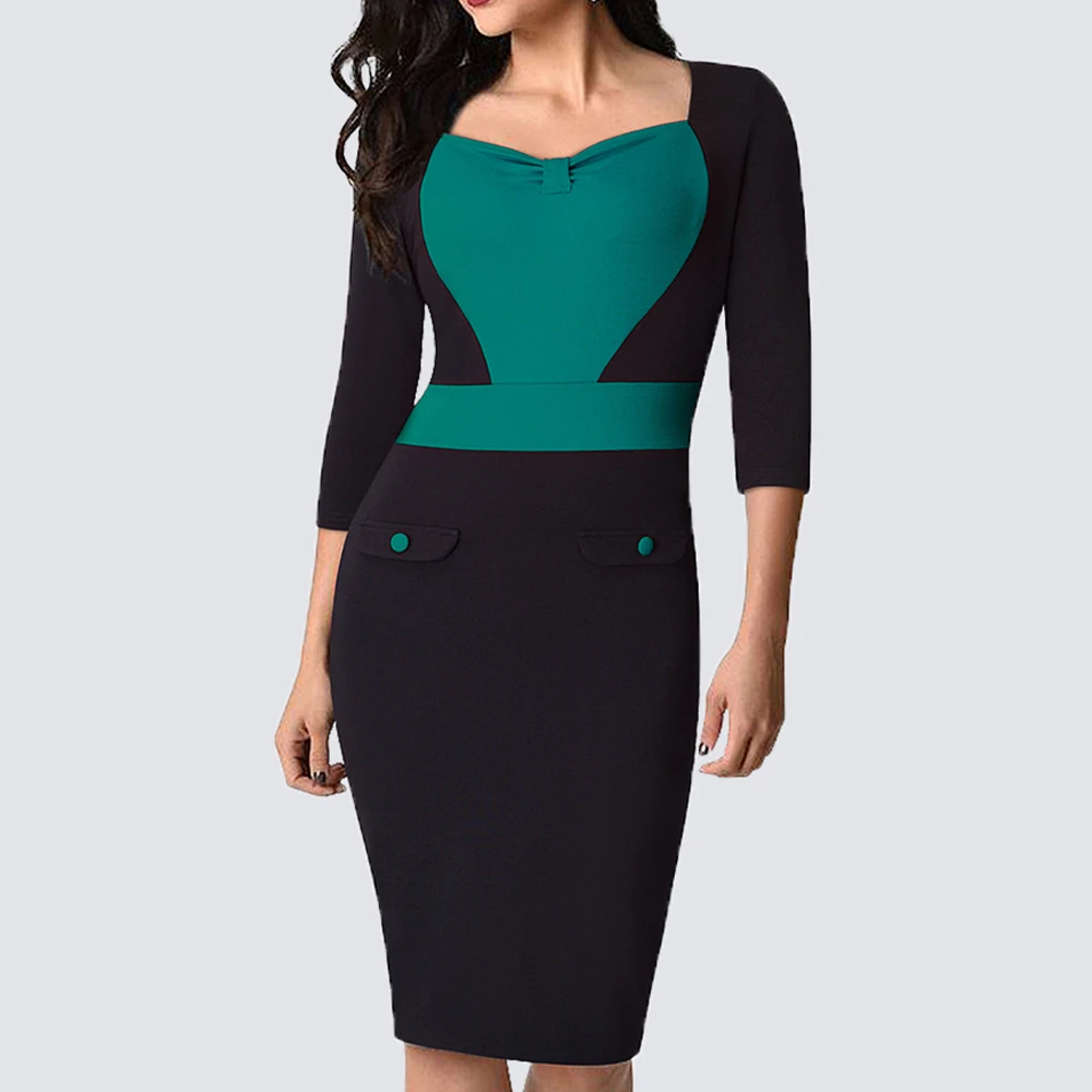 Осеннее женское элегантное офисное платье в стиле пэчворк повседневное