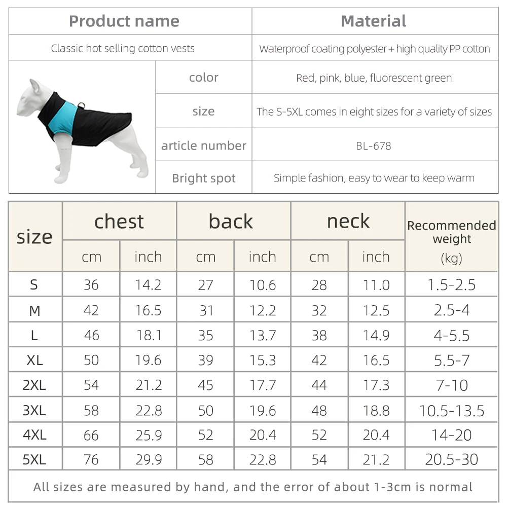 

S-5XL Dog Clothing Waterproof Winter Coat Jacket For Small Medium Big Pet Dog