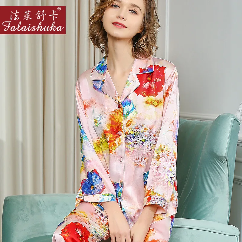 100% Natural Silk Sleepwear Female Spring Autumn Pajama Sets Pure Silkworm Silk Printed Long-Sleeve Pyjamas Women T8129