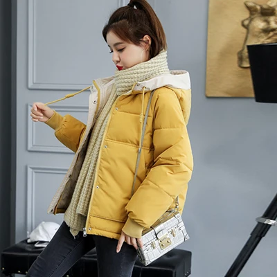 Yellow Утолщенное пуховое пальто с капюшоном, Женское зимнее повседневное теплое ветрозащитное пуховое пальто, женская уличная одежда, тонкое пальто размера плюс, короткая верхняя одежда - Цвет: Yellow