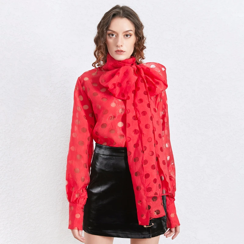 Женская блузка в горошек SISPELL со шнуровкой и бантом прозрачная рубашка с