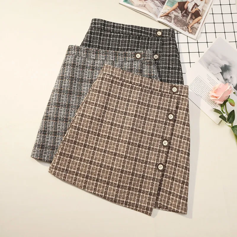 Шерстяная клетчатая юбка трапециевидной формы с пуговицами и асимметричным