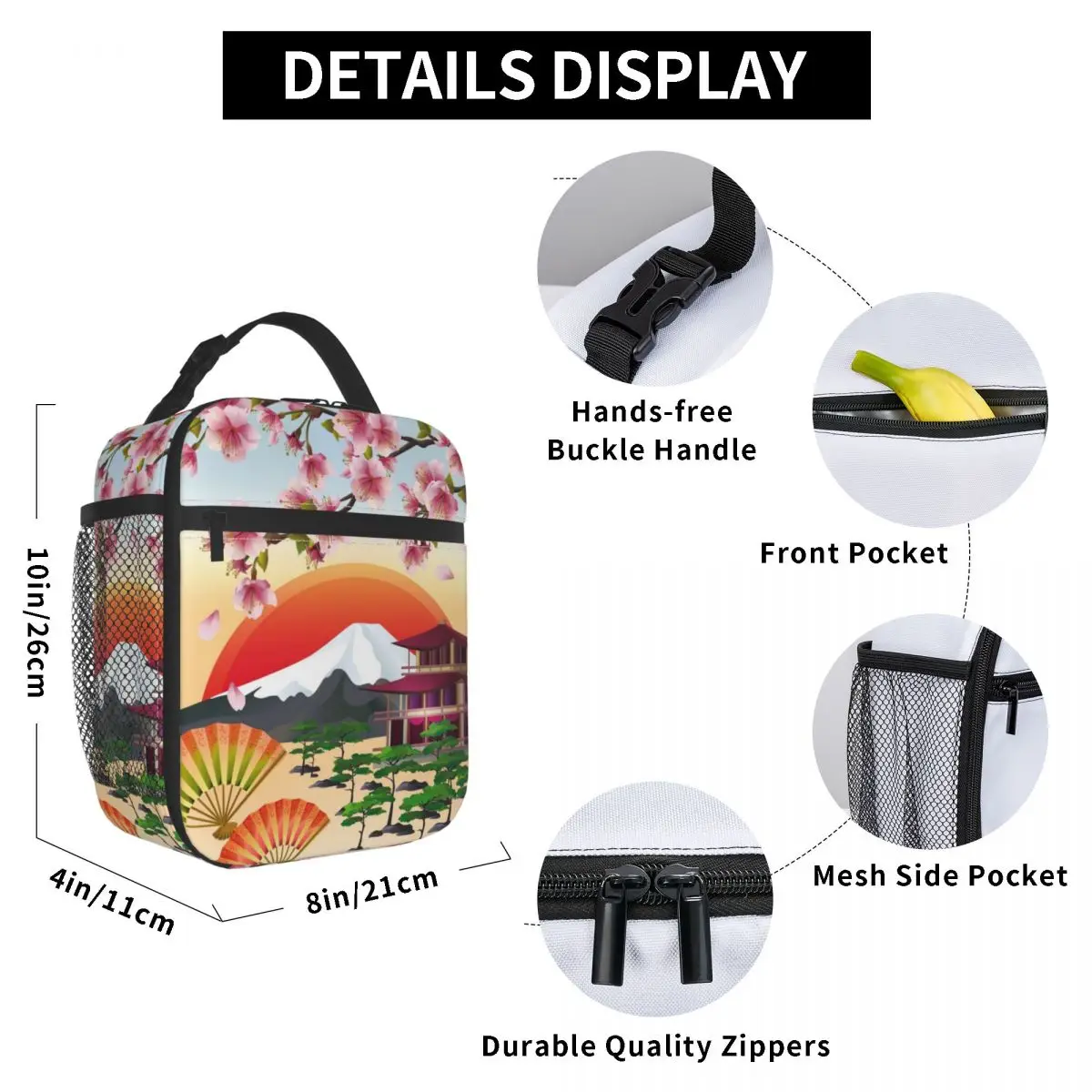 

Japanese Sakura Blossom Art Lunch Bag for Women Men Large Insulated Lunch Box with Water Bottle Holder and Pockets