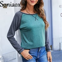 fashion contrast color 100 cotton t shirt long sleeve women patchwork t shirts autumn winter new 2021 casual loose tops t shirt