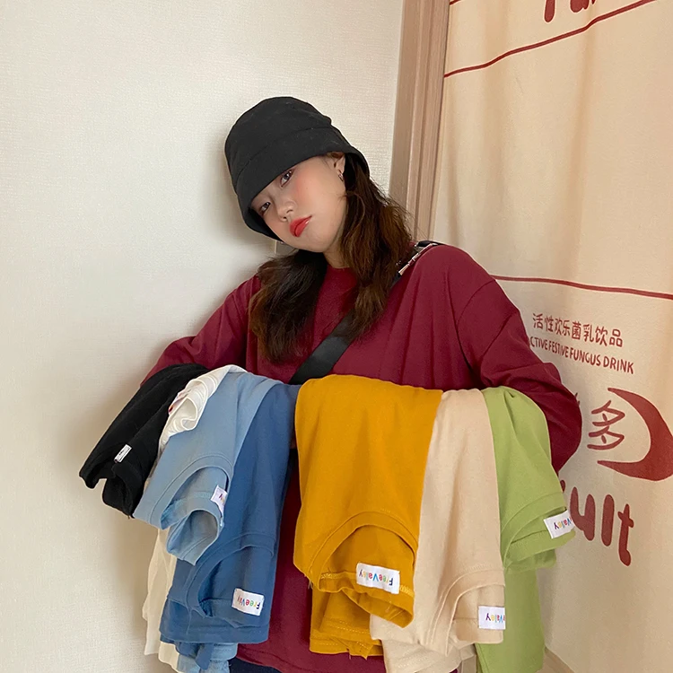 

2021 Spring Summer Women T Shirt Multi Color Loose Long Sleeve Cotton T-shirt
