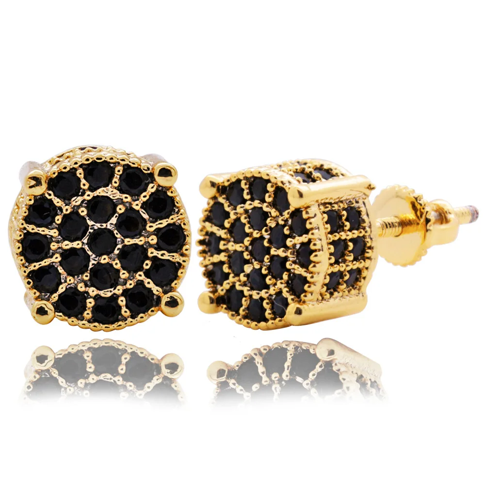 

Hip Hop Iced Out Bling Round Black CZ Crystal Earrings For Women Men Micro Pave Luxury Gold Color Stud Earings Fashion Jewelry