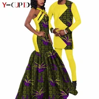 women long mermaid dresses matching men outfits top and pants sets african clothes for couples bazin party vestidos y21c037