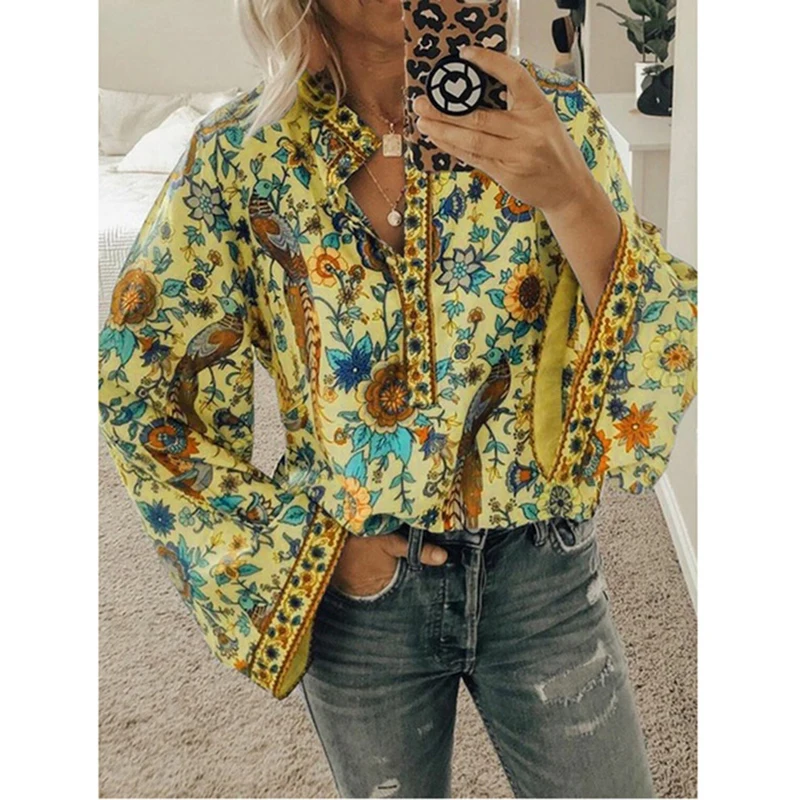 

2021 Women Print Blouses Casual Loose Tops Stand V Neck Long Sleeves Button Plus Size Pullover Female Tee Shirts Blouse