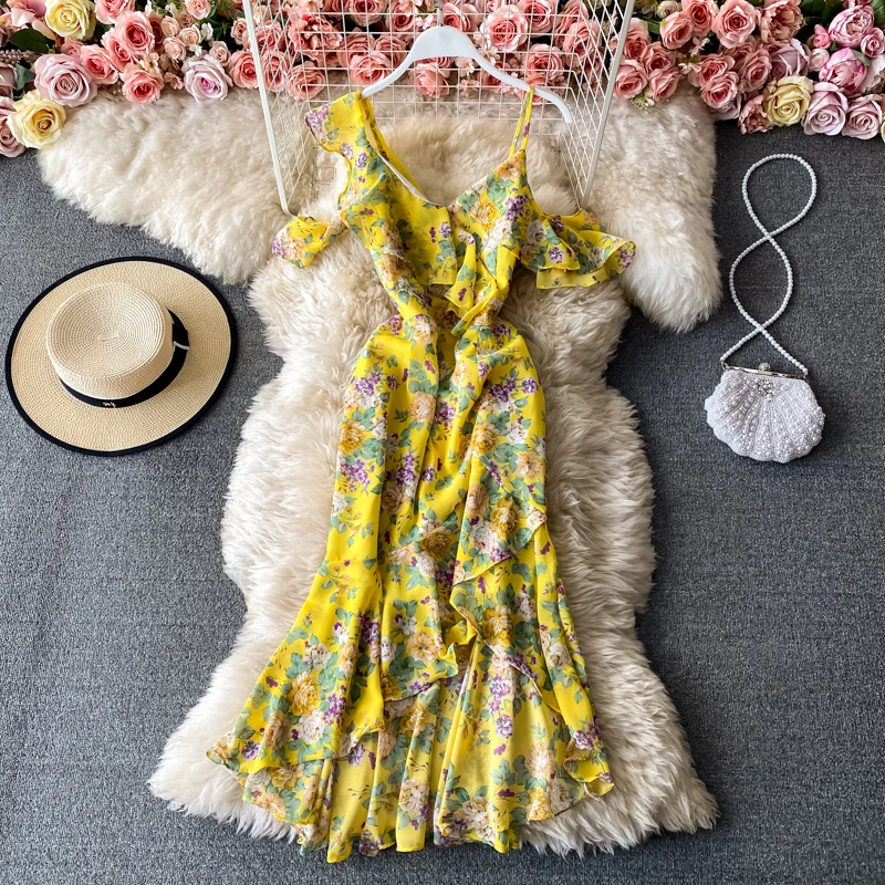 

Сезон: Весна-Лето Boho Chic для женщин с цветочным узором на бретельках, платье пляжный отдых с асимметричным подолом с оборками из шифона Vestidos с...